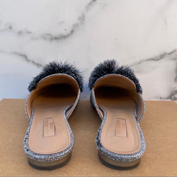 Aquazzura Powder Puff Pompom metallic silver lurex flat mules slippers size 36 - Picture 6 of 16
